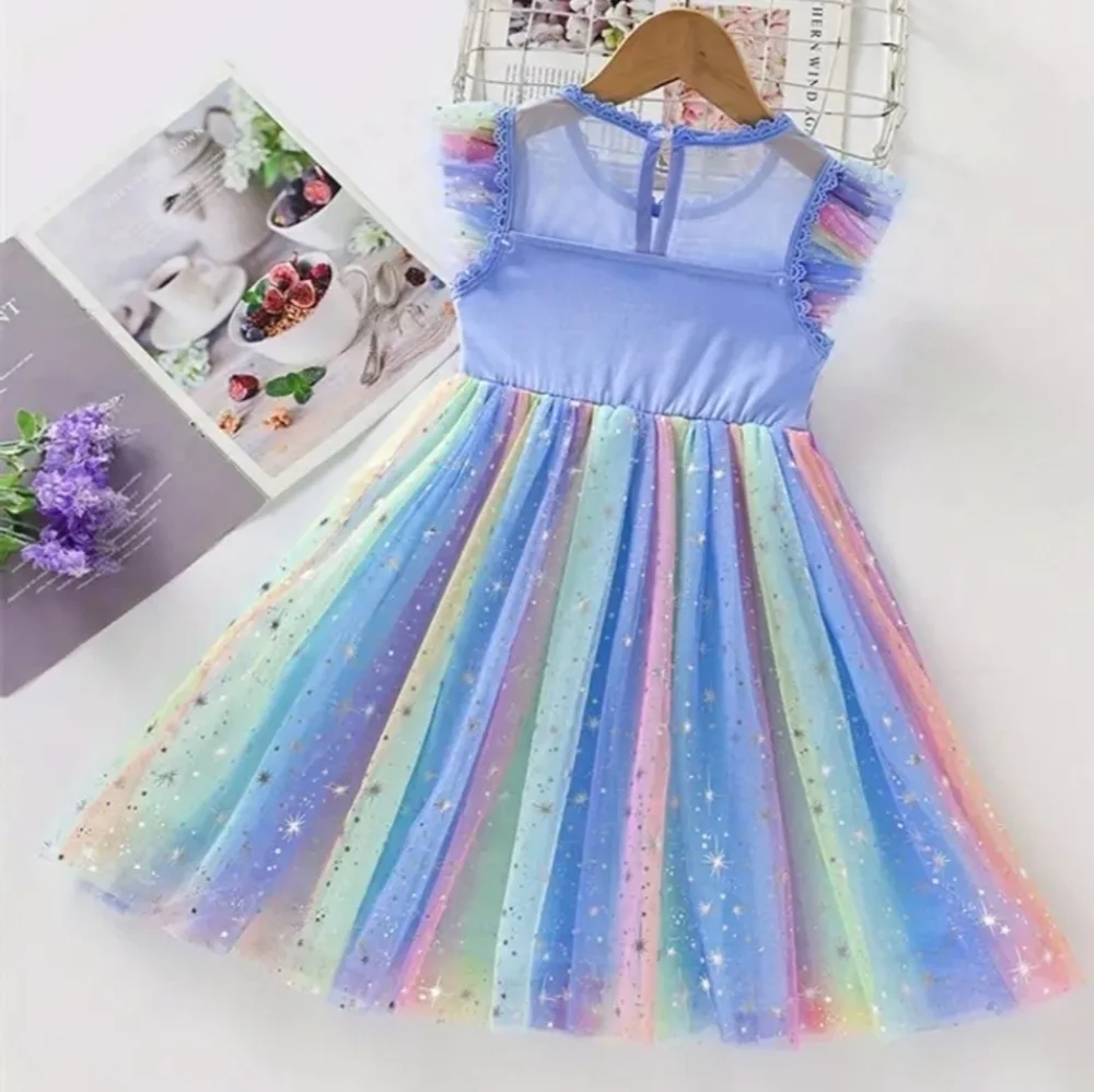 Girls Colorful Ruffled Mesh Dress Light Blue